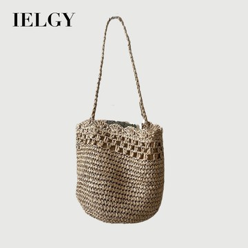 IELGY 法式拉菲草單肩草編包 鏤空編織度假沙灘包