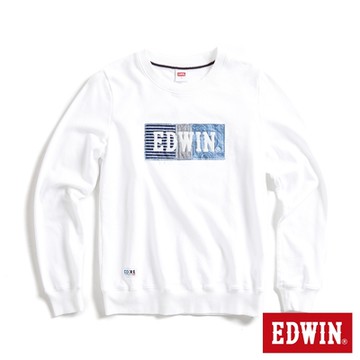 EDWIN 女裝 再生系列 CORE 環保丹寧拼貼BOX LOGO厚長袖T恤-米白色
