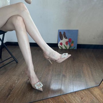 2025夏季新款尖頭裸色方扣水鉆高跟鞋女細跟淺口百搭涼鞋包頭單鞋