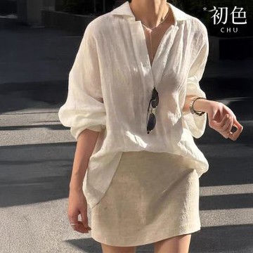 初色 氣質純色翻領長袖扣子襯衫上衣女上衣+休閒半身裙短裙套裝-杏色-13777(M-2XL可選)