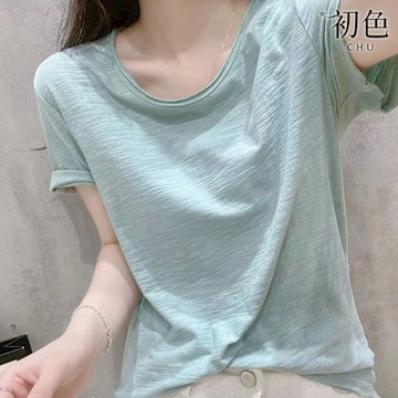 初色 肌理感純色休閒寬鬆輕薄透氣圓領短袖T恤上衣女上衣-共4色-12491(M-2XL可選)