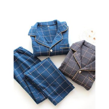 男秋冬加厚純棉三層保暖空氣層棉家居服套裝男士全棉格子夾棉睡衣