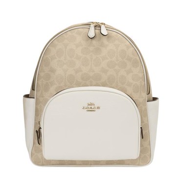 COACH-Court 金馬車撞防刮LOGO 標誌後背包(淺褐x白)中