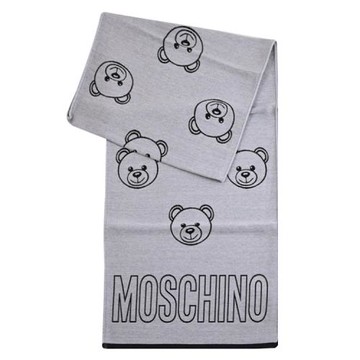 MOSCHINO 30763 M2992 滿版小熊LOGO混羊毛長圍巾/披肩.灰/黑