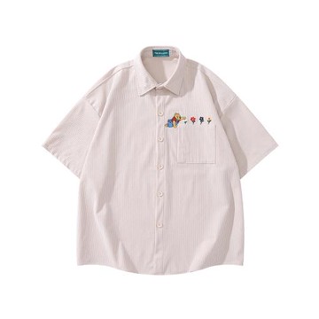 From Mars摸摸小花 卡通小熊花朵刺繡翻轉口袋短袖襯衫寬松情侶bf