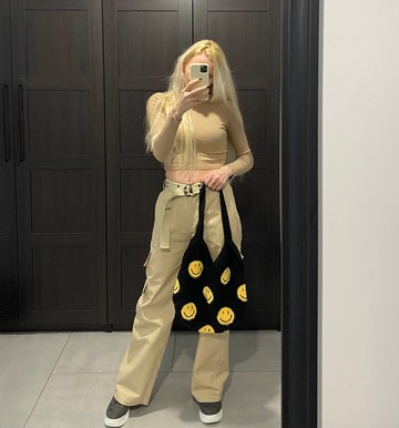 棉質托特手提包，鉤針編織笑臉包，