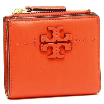 TORY BURCH - 雙T-LOGO素面皮革短夾 (粉桔)