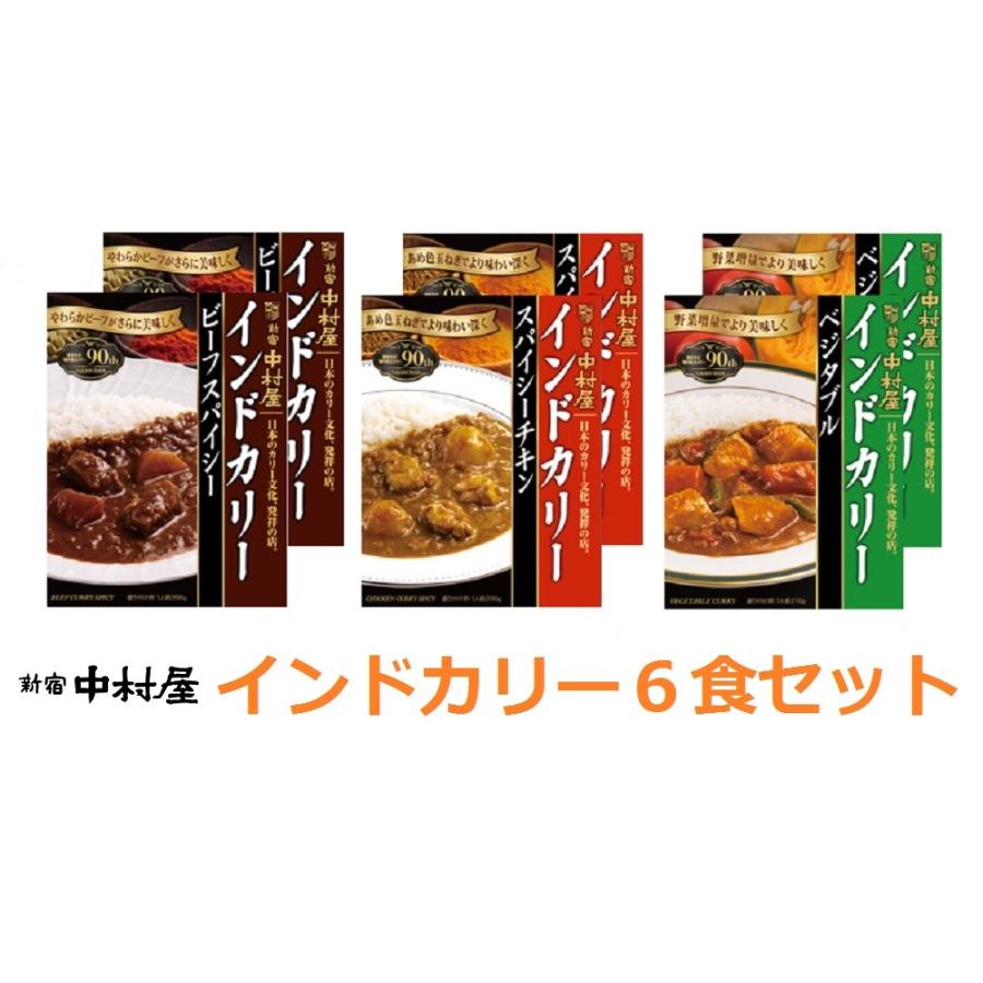 新宿中村屋 インドカリー 6食セット（3種×各2食）ビーフスパイシー スパイシーチキン ベジタブル レトルト食品 カレー レトルトカレー