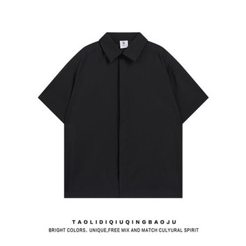 日系簡約基礎款純色翻領短袖襯衫女夏季寬松休閑情侶百搭襯衣外套