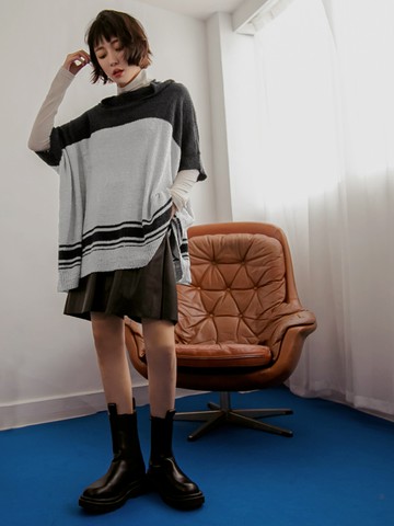 保暖針織寬版高領配色飛鼠袖上衣