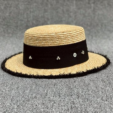 歐美網紅麥稈平檐草帽韓版百搭夏天帽子女縫鉆毛邊休閑禮帽遮陽帽1入