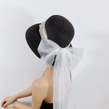 法式復古赫本風蝴蝶結鐘型草編帽子女拍照珍珠網紗禮帽夏天遮陽帽