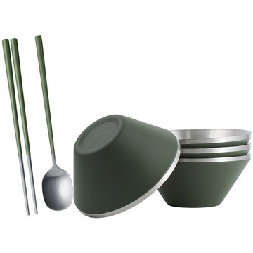 SADOMAIN 【一品川流】 仙德曼雙層304不鏽鋼笠形碗-4入-抹茶綠+316不鏽鋼餐具組-4套入