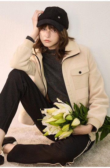 立領貼袋異素材拼接搖粒絨外套