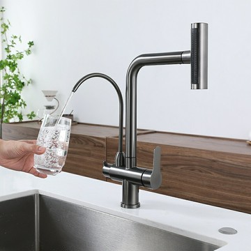 2023新款三合一廚房水龍頭Ro抽拉式水龍頭三用水槽龍頭304不鏽鋼廚房水龍頭無鉛冷熱混合加濾水器水龍頭多功能簡易安裝