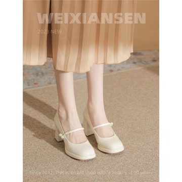 微先生法式單鞋女2024新款春秋百搭粗跟單鞋女溫柔風瑪麗珍高跟鞋