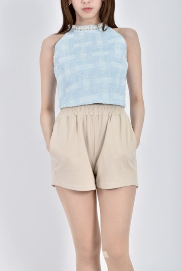 (S) 【尚樺私服】neimeijia小香風修身短版挖肩珍珠藍色上衣