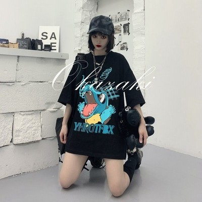 Tシャツ レディース 恐竜柄 ロング丈 半袖 夏 ゆるい トップス 韓国ファッション 原宿系 Bf風 ヒップホップ ダンス おしゃれ ストリート風 カジュアル 通販 Lineポイント最大get Lineショッピング