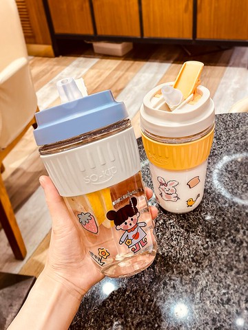 雙飲玻璃水杯女夏季可愛便攜耐熱直飲奶茶咖啡杯子網紅ins帶吸管