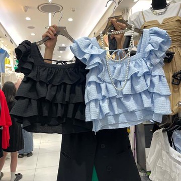 時髦氣質荷葉邊方領飛飛袖襯衫女2026春甜美減齡多層蛋糕背心小衫