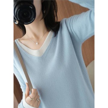 秋冬季純羊絨衫女V領套頭毛衣落肩袖假兩件韓版羊毛針織打底衫