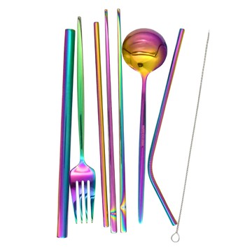 PUSH! 餐具用品鍍鈦環保304不鏽鋼8件套裝  勺子+叉子+筷子+套裝吸管  彩色  1組