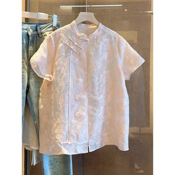 優雅氣質國風新中式純色盤扣短袖襯衫女夏季復古時尚氣質減齡上衣