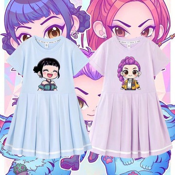 ✨臺灣出貨✨Kpop 獵魔女團短袖連衣裙洋氣寶寶夏季女童新款裙子兒童純棉夏裝