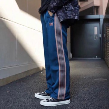 Needles小眾潮牌運動休閑男女同款復古蝴蝶刺繡條紋織帶直筒長褲