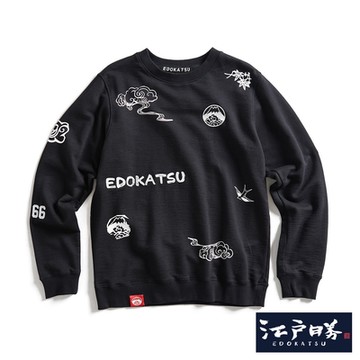 江戶勝 男裝 滿版LOGO印花休閒厚長袖T恤-黑色