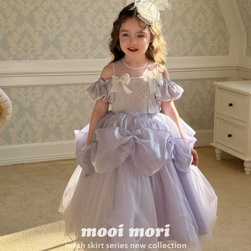 100-150 珠光緞面蝴蝶結珍珠泡泡袖禮裙-紫(含蝴蝶結頭紗髮飾)