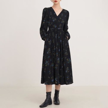 Rouje Damas法式浪漫圍裹式碎花連衣裙女長袖V領收腰顯瘦氣質長裙