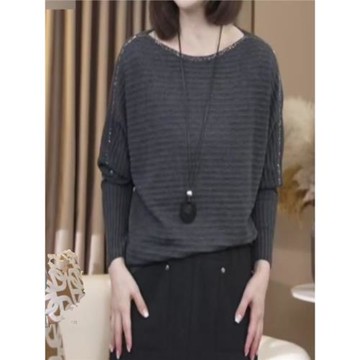 灰色一字領長袖針織衫女2025秋新款簡約百搭寬松遮肉蝙蝠袖上衣