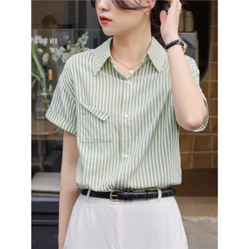 2023夏季新款復古港風百搭休閑小衫簡約設計上衣綠條紋短袖襯衣女