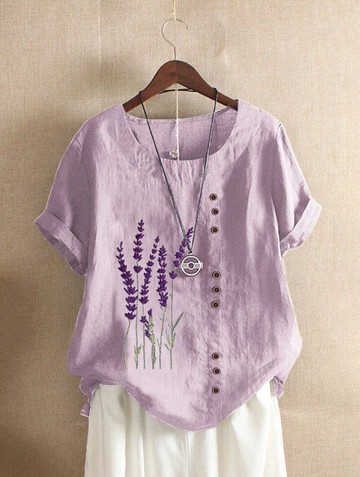 亞馬遜速賣通wish爆款復古棉麻印花寬松短袖休閑襯衣女