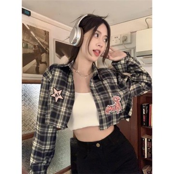 ET爵士舞打歌服ds演出服字母刺繡格子hiphop襯衫外套jazz跳舞上衣