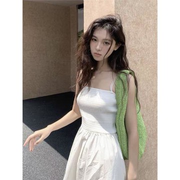 |特價區| 夏季新品cs縮褶抹胸吊帶拼接A字休閑連衣裙長裙