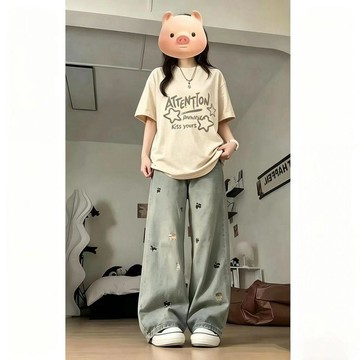 🐻夏天穿搭一整套女初中生純棉短袖T恤牛仔褲小個子洋氣學院風套裝