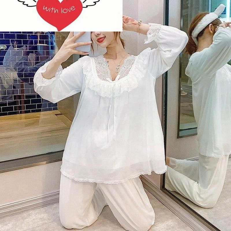 大人可愛い上下セットシンプル 韓国風 お姫様風 部屋着 寝巻き オシャレパジャマ ルームウェア レディース 春夏秋 長袖パジャマ 白レースvネックルームウェア 通販 Lineポイント最大0 5 Get Lineショッピング