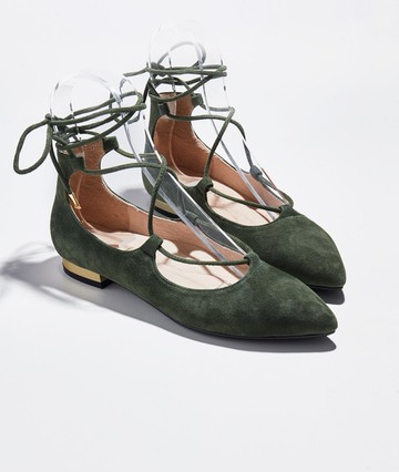 零碼【法式調情】繞踝綁帶尖頭金屬跟平底鞋_森林綠
