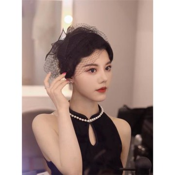 趙麗穎同款黑色復古小禮帽女名媛旗袍禮服頭飾網紗面紗遮面發飾冬
