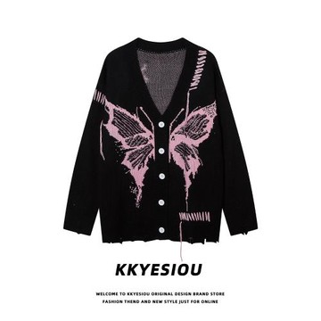KKyesiou蝴蝶圖案慵懶風美式針織開衫男女美式復古設計感潮牌毛衣