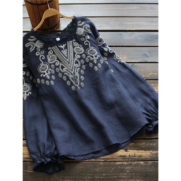 大牌折扣店女裝日韓外貿復古花邊領刺繡棉麻襯衫女長袖亞麻料上衣