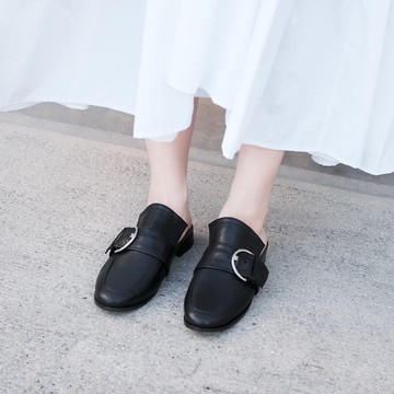 立體加高剪裁! 慵懶釦飾穆勒鞋  黑 全真皮 MIT -黑色
