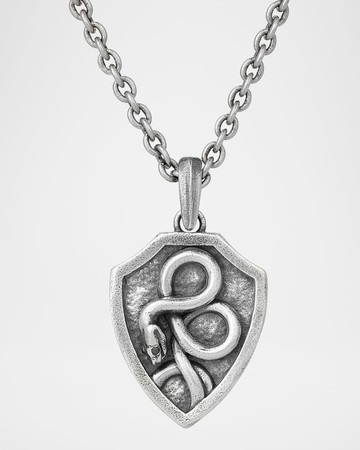Men's Sterling Silver Snake Shield Pendant Necklace with Black Diamond Eye