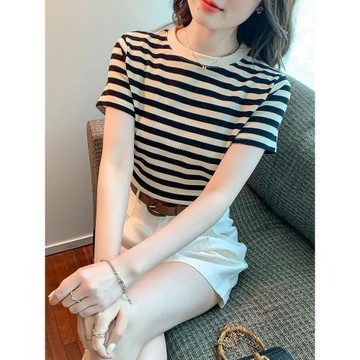 夏季正肩純棉條紋短袖t恤女裝夏裝2025年新款ins潮短款上衣服體恤