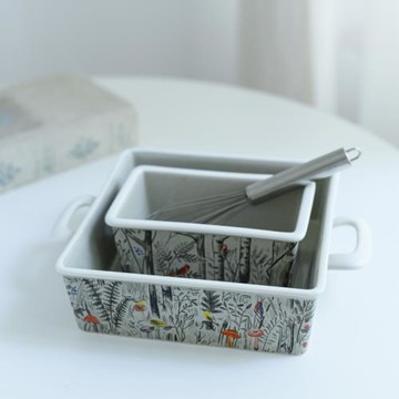 【夢田良品】森系復古雙耳方形烤碗手繪潑墨植物陶瓷水果碗