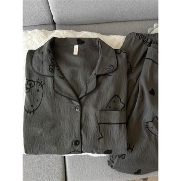 黑灰色KT貓咪睡衣女款春秋夏季云朵純棉紗長袖可愛少女家居服套裝