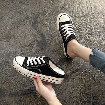 秋款內增高半拖帆布鞋女鞋2025年秋季新款薄款一腳蹬厚底懶人布鞋