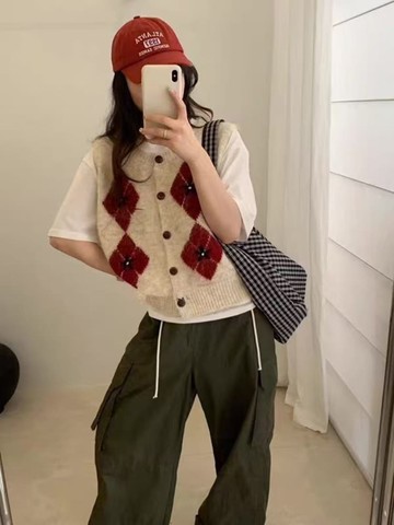 【百搭系列】甜感情緻菱格花紋開襟針織背心